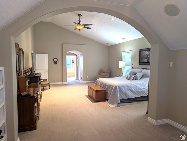 2524 E 700 S, Springville, UT 84663 - bedroom featuring vaulted ceiling, carpet, baseboards, a textured ceiling, and arched walkways