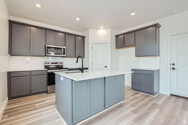 kitchen featuring a sink, light wood-type flooring, a center island with sink, backsplash, and stainless steel appliances
