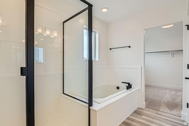 bathroom with a stall shower, a garden tub, baseboards, and a spacious closet