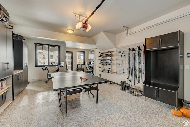 3676 Blackstone Dr, Park City, UT 84098 - game room with baseboards, a garage, and light speckled floor