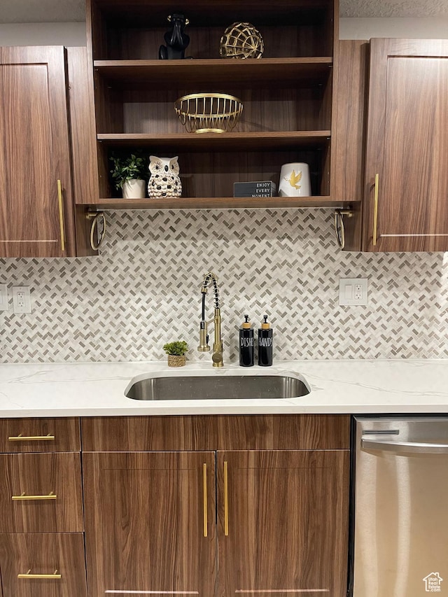 3444 S 1100 E, Millcreek, UT 84106 - kitchen featuring a sink, open shelves, stainless steel dishwasher, and tasteful backsplash
