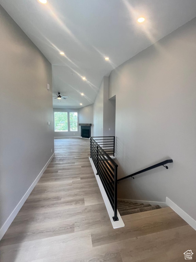 335 E 340 S, Kamas, UT 84036 - staircase featuring a ceiling fan, baseboards, vaulted ceiling, and wood finished floors