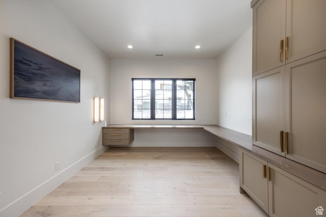 13926 S Jarvie Ln E, Draper, UT 84020 - interior space with built in desk, recessed lighting, baseboards, light wood finished floors, and visible vents