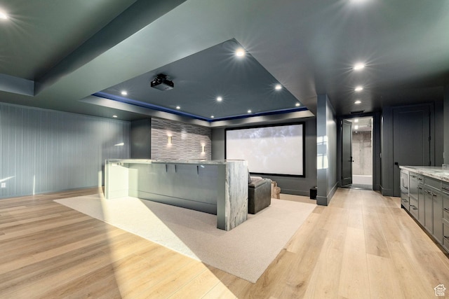 13926 S Jarvie Ln E, Draper, UT 84020 - cinema room featuring light wood finished floors, a tray ceiling, and recessed lighting