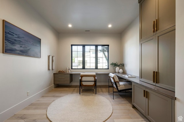 13926 S Jarvie Ln E, Draper, UT 84020 - office area featuring built in desk, recessed lighting, baseboards, and light wood-type flooring