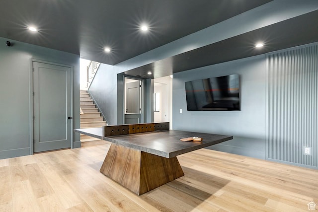 13926 S Jarvie Ln E, Draper, UT 84020 - bar area featuring light wood-type flooring, stairway, and recessed lighting