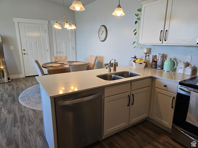 15 W Seasons Dr, Vineyard, UT 84059 - kitchen with dishwasher, a sink, electric stove, a peninsula, and dark wood finished floors