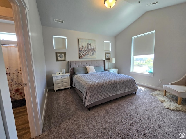 15 W Seasons Dr, Vineyard, UT 84059 - bedroom featuring dark carpet, vaulted ceiling, multiple windows, and baseboards