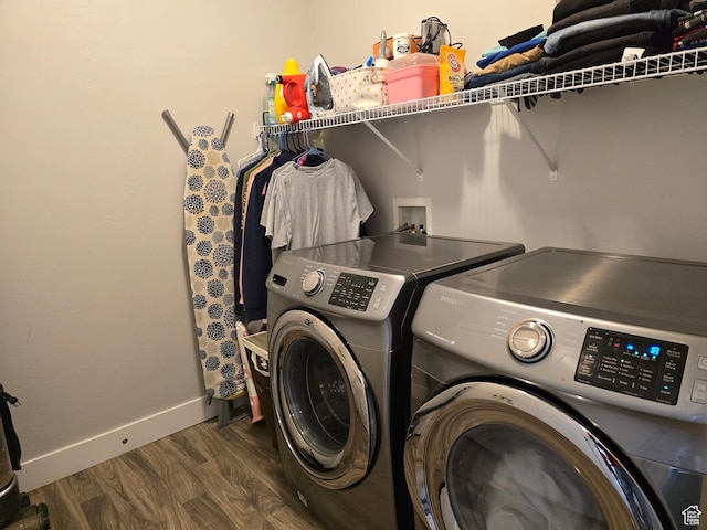 15 W Seasons Dr, Vineyard, UT 84059 - laundry area featuring independent washer and dryer, dark wood-type flooring, and baseboards