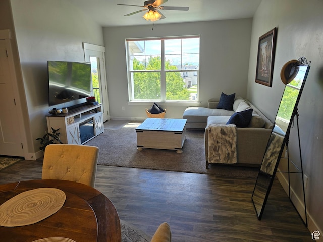 15 W Seasons Dr, Vineyard, UT 84059 - living area featuring wood finished floors, ceiling fan, and baseboards