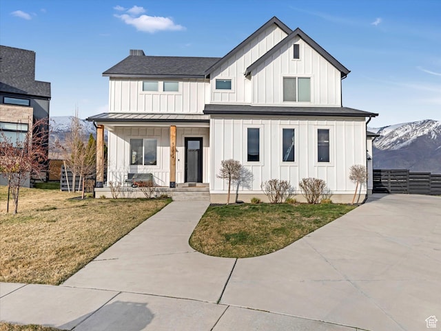 12224 N Bridgegate Way, Highland, UT 84003 - modern inspired farmhouse with a front yard, covered porch, fence, and board and batten siding