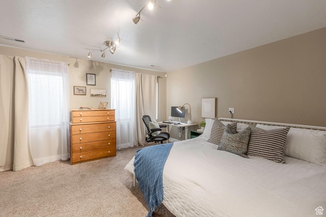 bedroom featuring track lighting, carpet, and visible vents