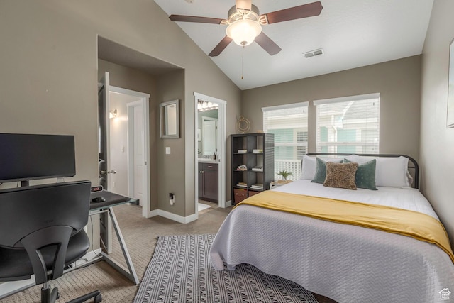bedroom featuring lofted ceiling, baseboards, ceiling fan, visible vents, and light carpet