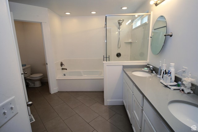 13207 S Weatherford Ln W, Herriman, UT 84096 - bathroom featuring double vanity, toilet, a sink, a stall shower, and a garden tub