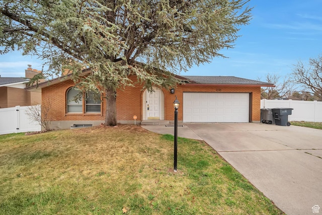 4195 W Kirkcaldy Cir S, South Jordan, UT 84009 - ranch-style house featuring a garage, brick siding, fence, and a front lawn