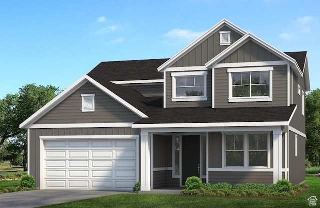 view of front facade with a garage, concrete driveway, board and batten siding, a shingled roof, and a porch