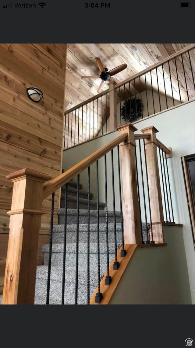 11741 E 14330 N Unit 232, Mount Pleasant, UT 84647 - staircase featuring a ceiling fan, high vaulted ceiling, and wood ceiling