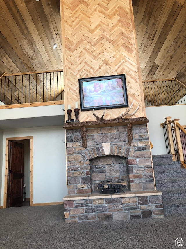 11741 E 14330 N Unit 232, Mount Pleasant, UT 84647 - unfurnished living room featuring carpet flooring, high vaulted ceiling, stairs, and wooden ceiling