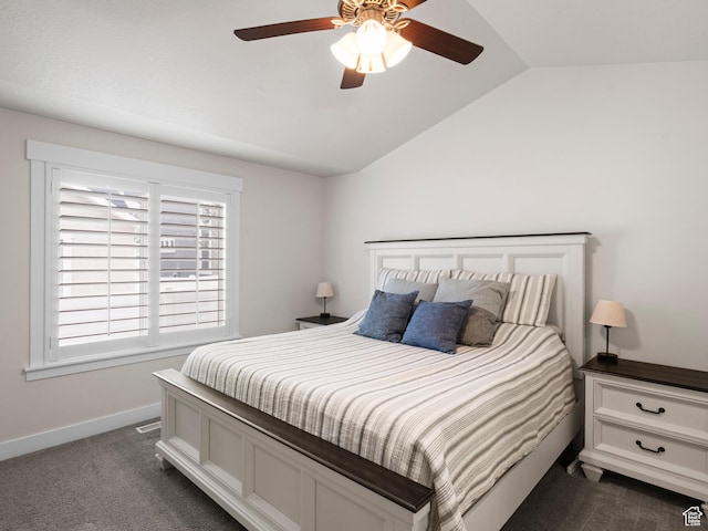 4981 W Longboat Ln, Herriman, UT 84096 - bedroom featuring baseboards, lofted ceiling, ceiling fan, and dark carpet
