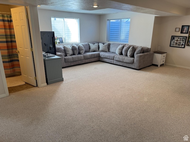 4625 W Harvey Blvd, Cedar Hills, UT 84062 - carpeted living room with baseboards and a textured ceiling