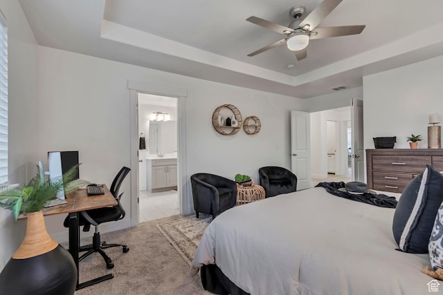 138 N Valcrest Dr, Saratoga Springs, UT 84045 - bedroom featuring a tray ceiling, light tile patterned floors, visible vents, a ceiling fan, and ensuite bathroom