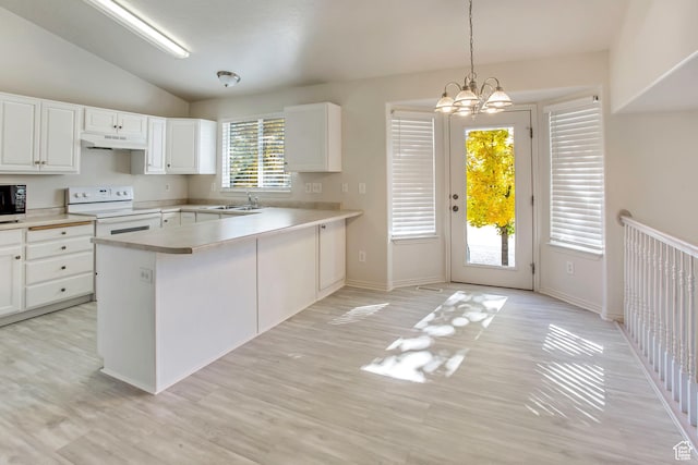1494 E 1300 S, Provo, UT 84606 - kitchen with white range with electric stovetop, under cabinet range hood, stainless steel microwave, vaulted ceiling, and a peninsula