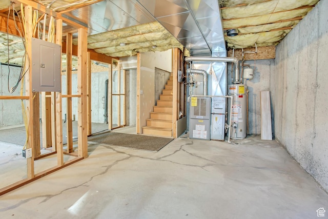 1494 E 1300 S, Provo, UT 84606 - unfinished basement featuring water heater, electric panel, heating unit, and stairway