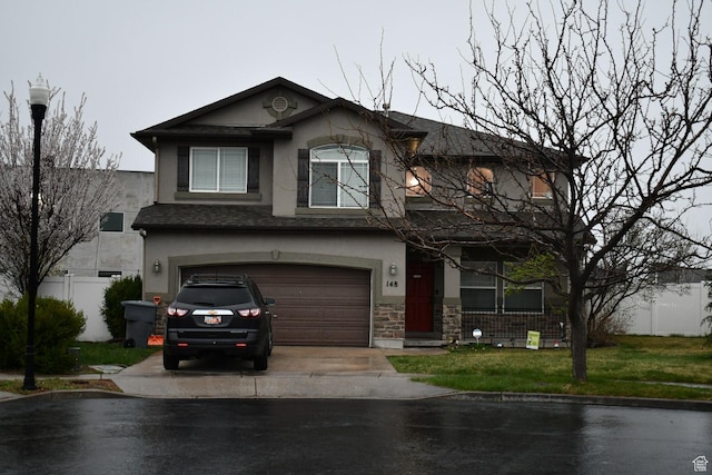148 N Walton Ct W, North Salt Lake, UT 84054 - traditional-style home with driveway, a front yard, stone siding, stucco siding, and an attached garage