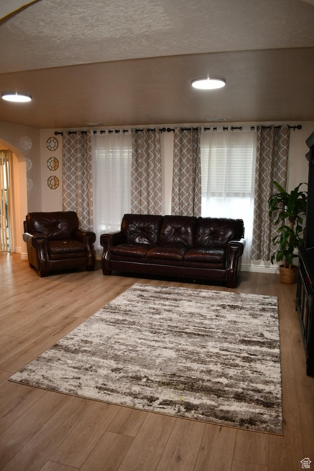 148 N Walton Ct W, North Salt Lake, UT 84054 - living area featuring arched walkways, a textured ceiling, and wood finished floors