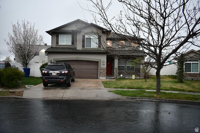 148 N Walton Ct W, North Salt Lake, UT 84054 - view of front of property with fence, stone siding, driveway, a front yard, and a garage