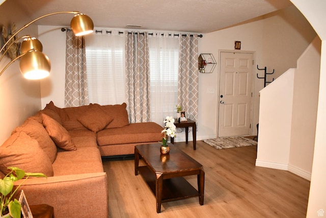 148 N Walton Ct W, North Salt Lake, UT 84054 - living room featuring baseboards, arched walkways, and light wood-style flooring