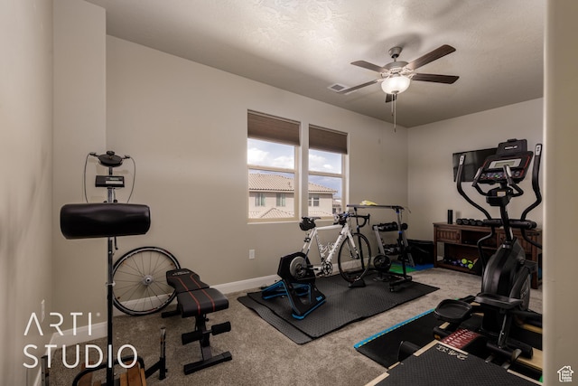 2691 E 3800 S, St George, UT 84790 - exercise room with carpet floors, a textured ceiling, baseboards, visible vents, and ceiling fan