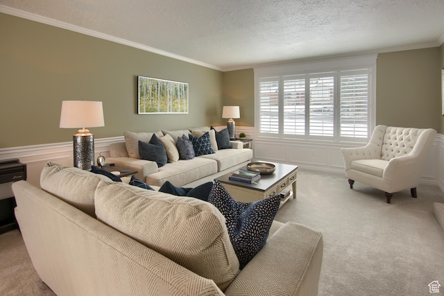 living room with crown molding, a textured ceiling, light colored carpet, and a wainscoted wall