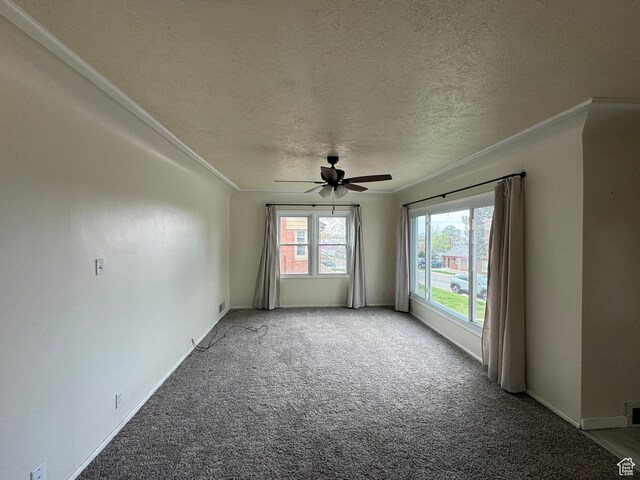 26 Sylvia Dr N, South Ogden, UT 84405 - unfurnished room with crown molding, light colored carpet, a ceiling fan, and a textured ceiling