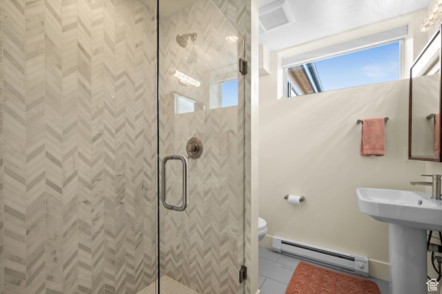 828 E Northcrest Dr, Salt Lake City, UT 84103 - bathroom with a shower stall, a baseboard radiator, toilet, and tile patterned floors