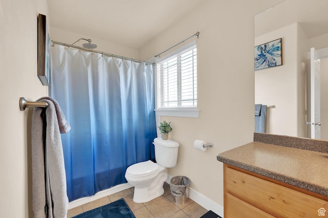 8374 E Lake Pines Dr Unit 269, Heber City, UT 84032 - bathroom featuring a shower with shower curtain, baseboards, toilet, vanity, and tile patterned flooring