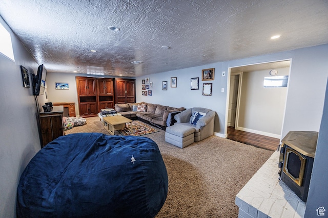 30 N 1300 E, Springville, UT 84663 - carpeted living room with baseboards, a textured ceiling, a wood stove, and recessed lighting