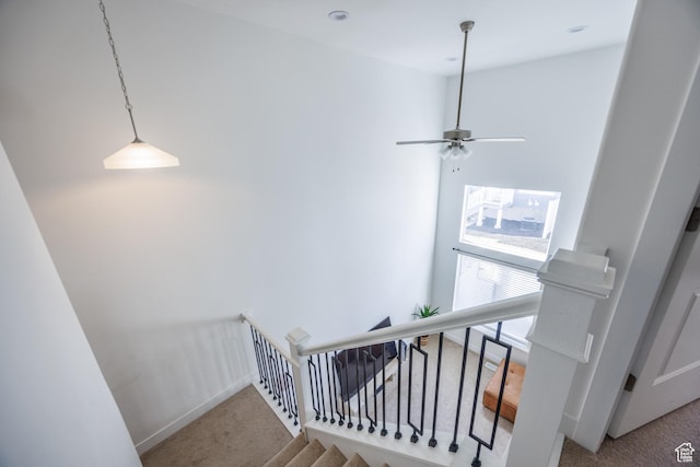 3951 W 1450 N Unit 269, Lehi, UT 84043 - stairway with a high ceiling, ceiling fan, and carpet