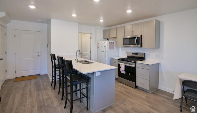 1088 E Propeller Row, Saratoga Springs, UT 84045 - kitchen featuring a sink, a breakfast bar area, appliances with stainless steel finishes, gray cabinetry, and light wood-type flooring