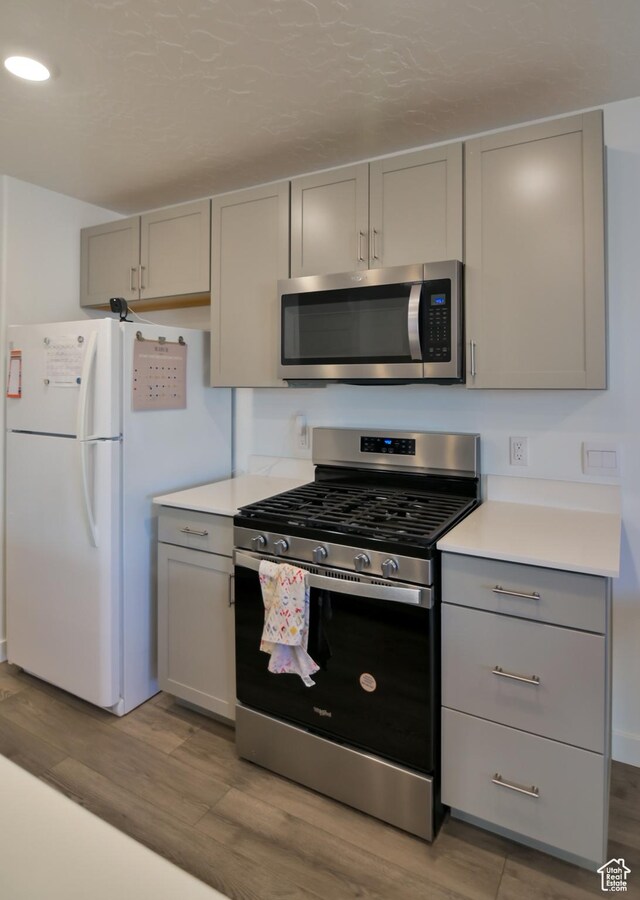 1088 E Propeller Row, Saratoga Springs, UT 84045 - kitchen with light countertops, gray cabinets, stainless steel appliances, and light wood-type flooring
