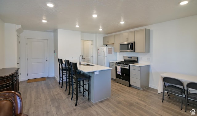 1088 E Propeller Row, Saratoga Springs, UT 84045 - kitchen with a kitchen breakfast bar, light wood-type flooring, gray cabinets, stainless steel appliances, and a sink