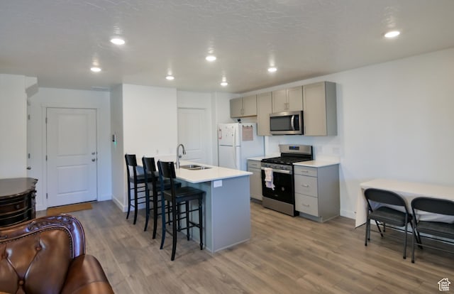 1088 E Propeller Row, Saratoga Springs, UT 84045 - kitchen featuring a kitchen breakfast bar, light countertops, stainless steel appliances, gray cabinetry, and light wood finished floors