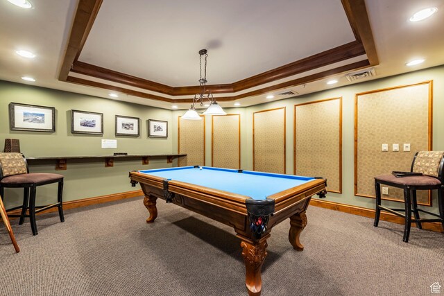 12080 E Big Cottonwood Rd Unit 214, Brighton, UT 84121 - rec room with a tray ceiling, ornamental molding, carpet, recessed lighting, and billiards