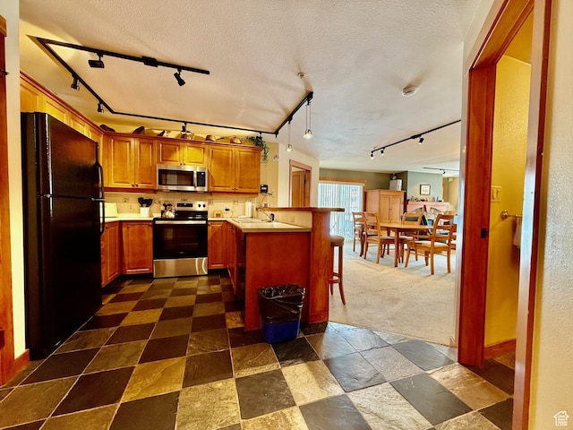 12080 E Big Cottonwood Rd Unit 214, Brighton, UT 84121 - kitchen with stainless steel appliances, a peninsula, rail lighting, a breakfast bar, and light countertops