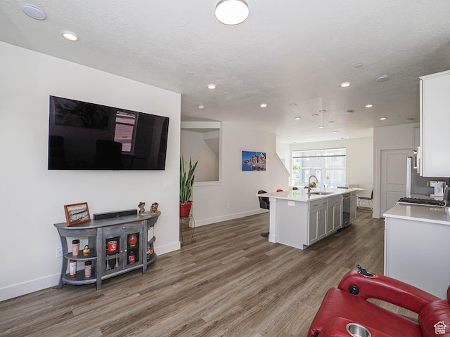 10638 S Pipestone Way W Unit 136, South Jordan, UT 84009 - kitchen with stainless steel dishwasher, light countertops, recessed lighting, wood finished floors, and a kitchen island with sink