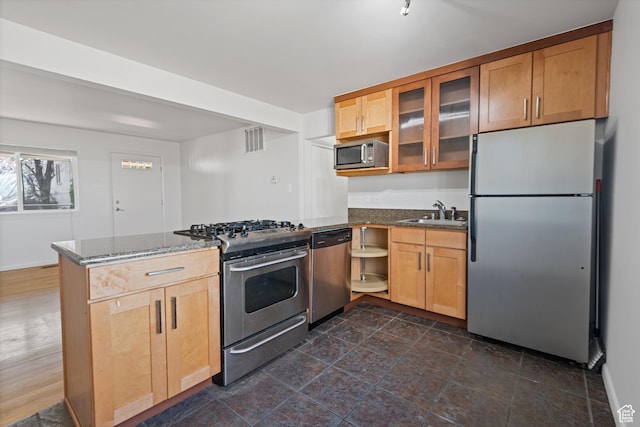 650 N 300 W Unit 231, Salt Lake City, UT 84103 - kitchen with a sink, appliances with stainless steel finishes, a peninsula, glass insert cabinets, and dark stone countertops