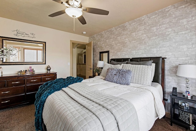 7989 S Bury Rd, West Jordan, UT 84081 - bedroom featuring dark colored carpet, brick wall, and a ceiling fan