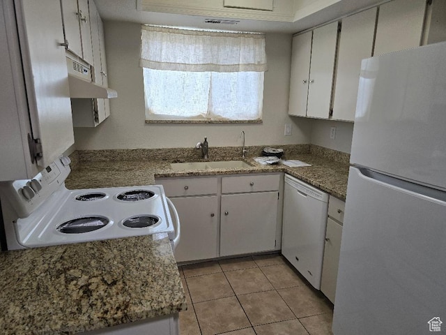 1039 E Quail Vista Ln Unit A, Millcreek, UT 84117 - kitchen with a sink, white cabinetry, under cabinet range hood, light tile patterned floors, and white appliances