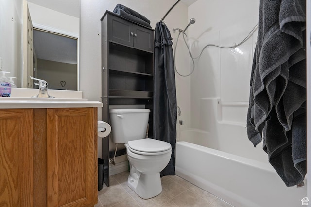 bathroom with toilet, tile patterned floors, shower / bathtub combination with curtain, and vanity