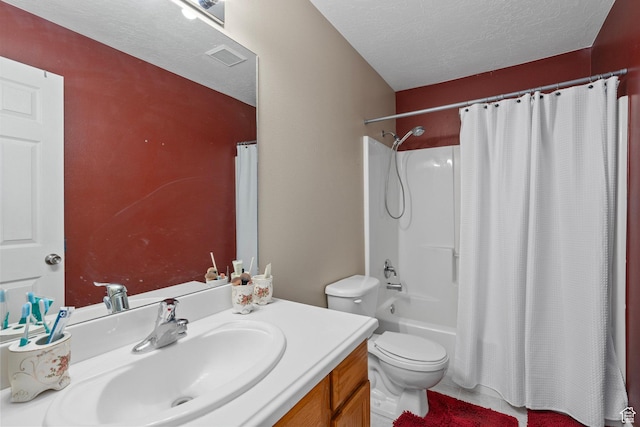 bathroom with visible vents, shower / bath combination with curtain, toilet, a textured ceiling, and vanity